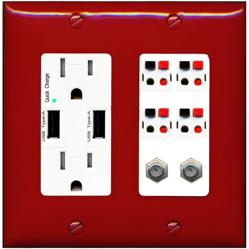 RiteAV 4 Speaker 2 Port Coax Cable TV Wall Plate - USB Outlet [Red/White]