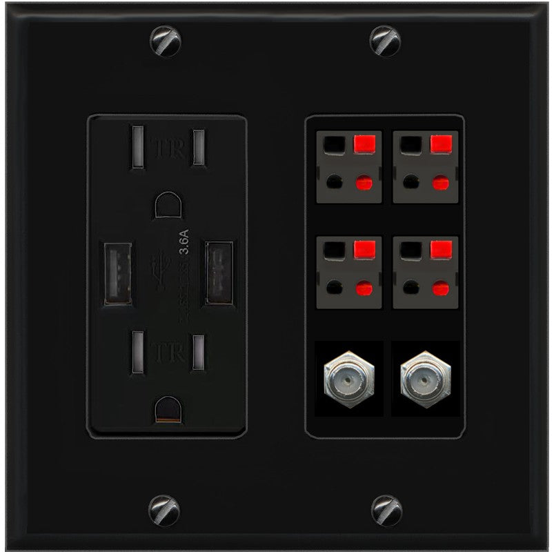 RiteAV 4 Speaker 2 Port Coax Cable TV Wall Plate - USB Outlet [Black/Black]
