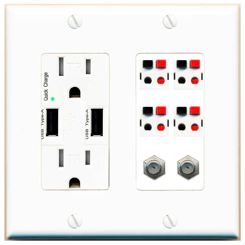 RiteAV 4 Speaker 2 Port Coax Cable TV Wall Plate - USB Charger [White]