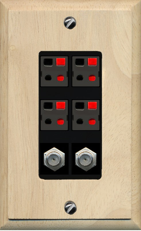 RiteAV 4 Speaker 2 Port Coax Cable TV Wall Plate - 1 Gang Decorative [Wood/Black]