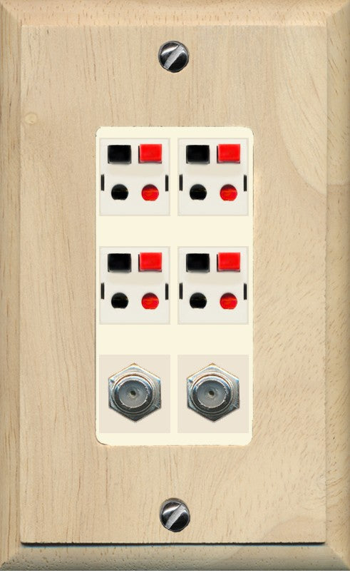 RiteAV 4 Speaker 2 Port Coax Cable TV Wall Plate - 1 Gang Decorative [Wood/Light-Almond]