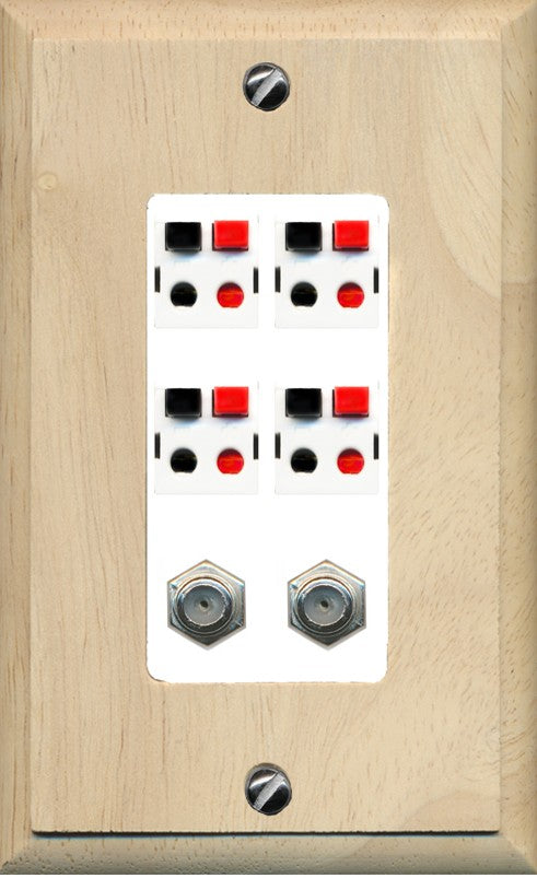 RiteAV 4 Speaker 2 Port Coax Cable TV Wall Plate - 1 Gang Decorative [Wood/White]
