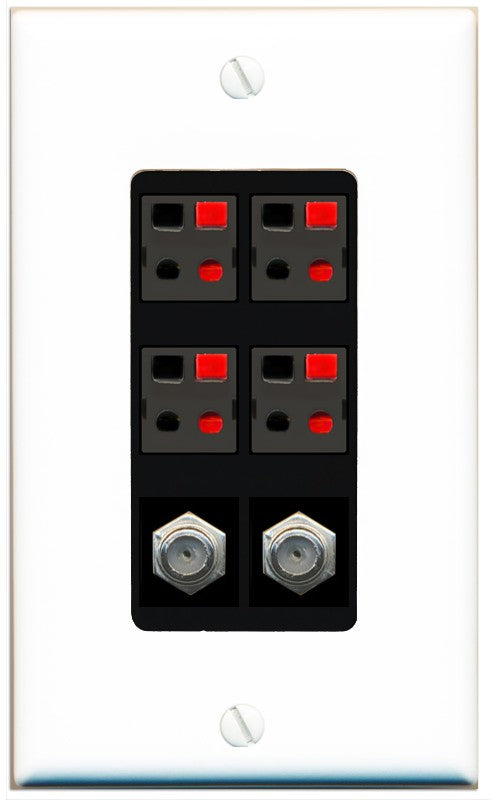 RiteAV 4 Speaker 2 Port Coax Cable TV Wall Plate - 1 Gang Decorative [White/Black]