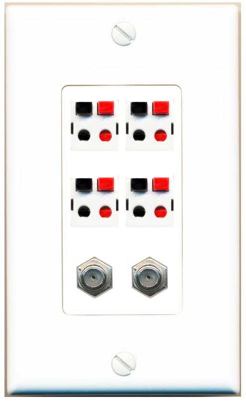 RiteAV 4 Speaker 2 Port Coax Cable TV Wall Plate - 1 Gang [White]