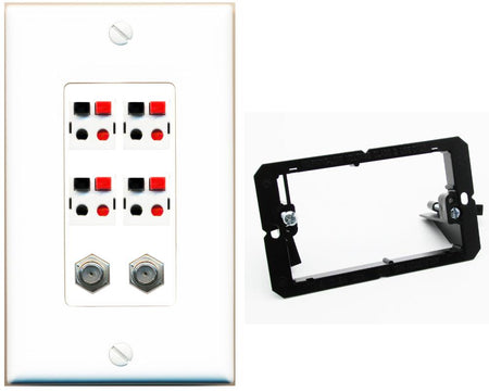 RiteAV 4 Speaker 2 Port Coax Cable TV Wall Plate - Bracket [White]