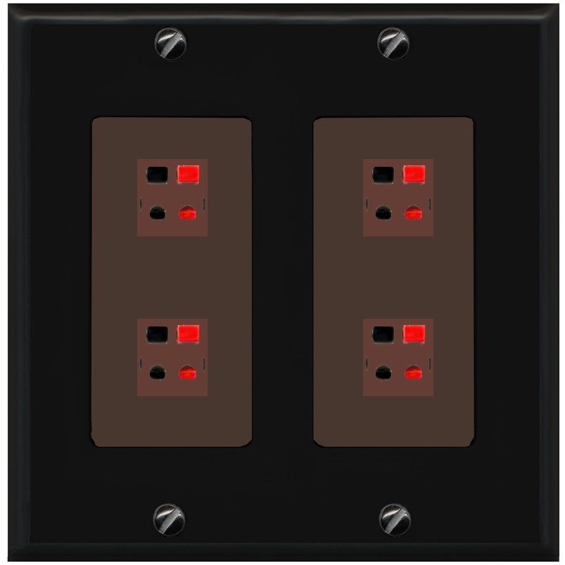 RiteAV 4 Port Speaker Wire Plug Jack Wall Plate - 2 Gang [Black/Brown]