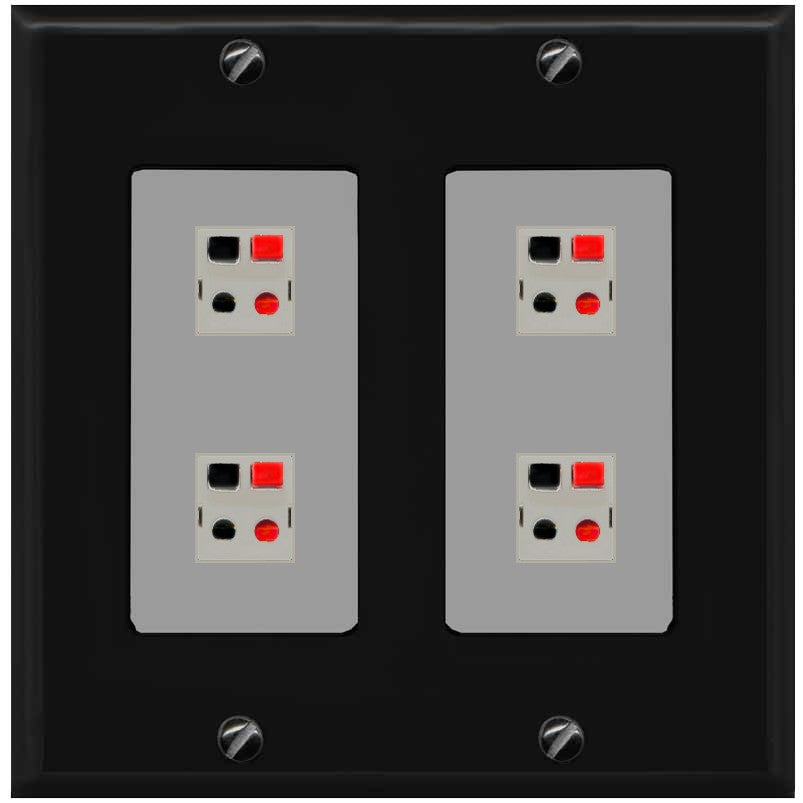 RiteAV 4 Port Speaker Wire Plug Jack Wall Plate - 2 Gang [Black/Gray]