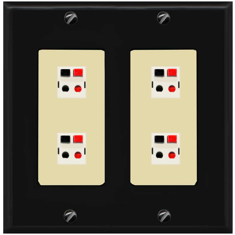 RiteAV 4 Port Speaker Wire Plug Jack Wall Plate - 2 Gang [Black/Ivory]