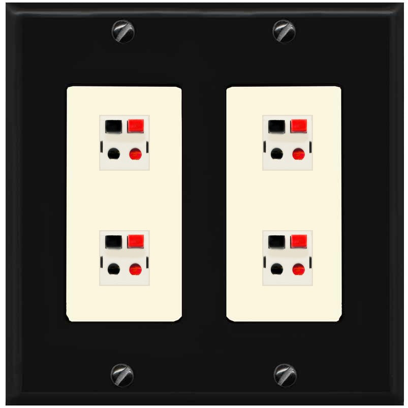 RiteAV 4 Port Speaker Wire Plug Jack Wall Plate - 2 Gang [Black/Light-Almond]
