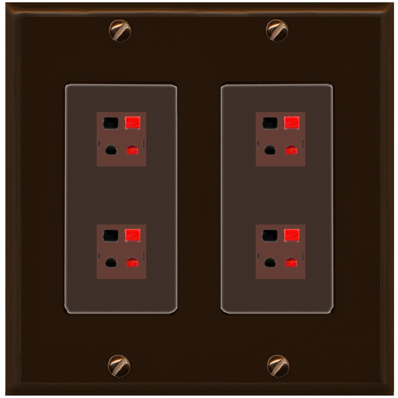 RiteAV 4 Port Speaker Wire Plug Jack Wall Plate - 2 Gang [Brown/Brown]