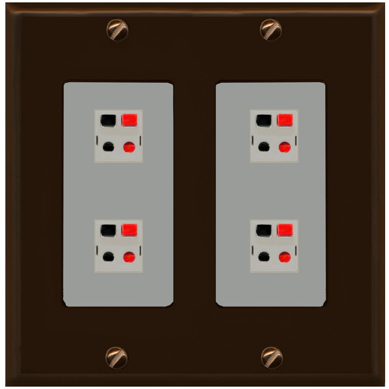 RiteAV 4 Port Speaker Wire Plug Jack Wall Plate - 2 Gang [Brown/Gray]