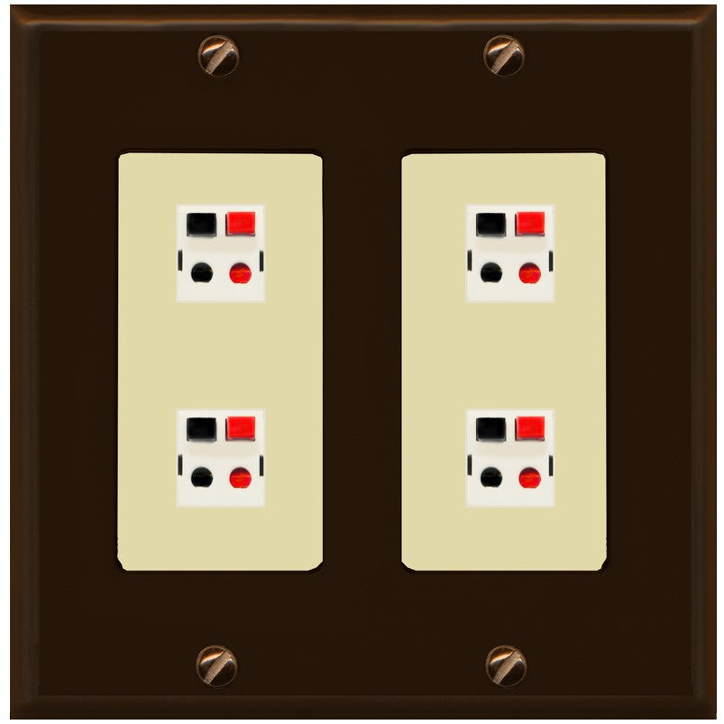 RiteAV 4 Port Speaker Wire Plug Jack Wall Plate - 2 Gang [Brown/Ivory]
