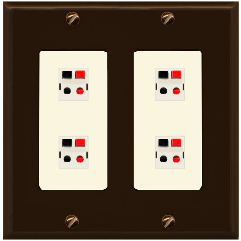 RiteAV 4 Port Speaker Wire Plug Jack Wall Plate - 2 Gang [Brown/Light-Almond]