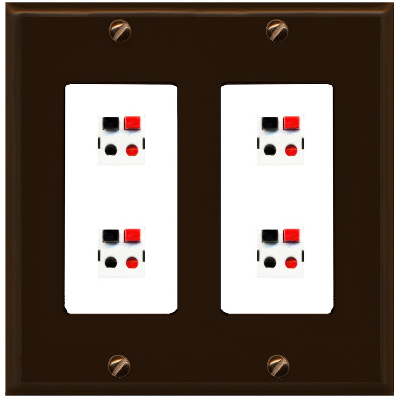 RiteAV 4 Port Speaker Wire Plug Jack Wall Plate - 2 Gang [Brown/White]