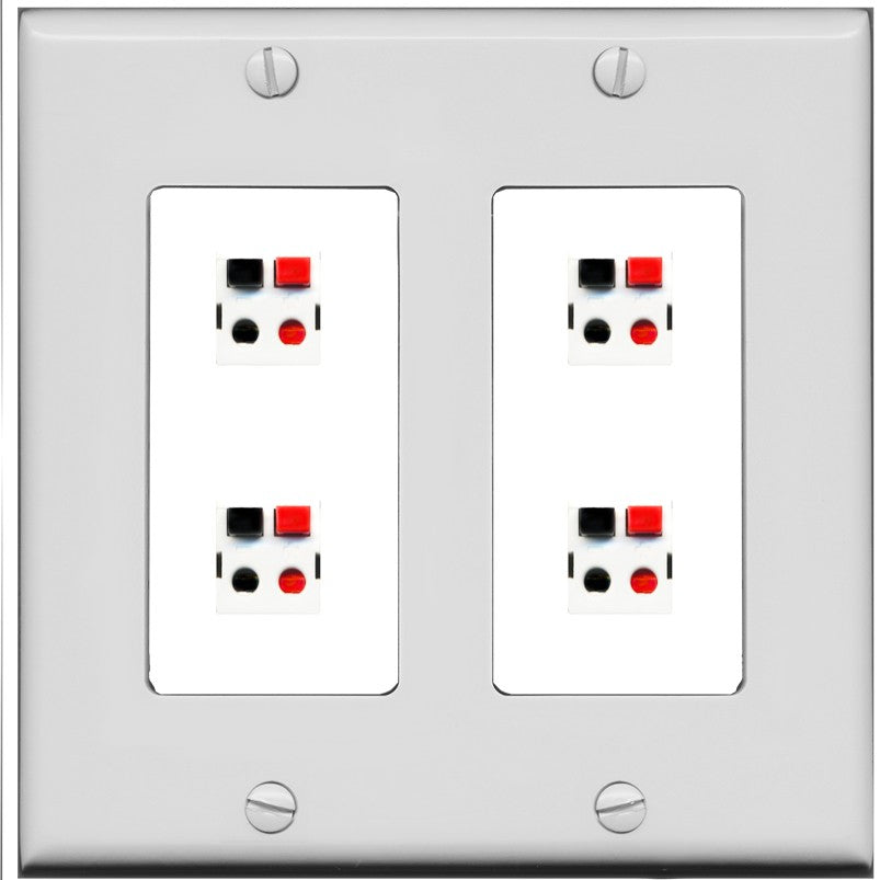 RiteAV 4 Port Speaker Wire Plug Jack Wall Plate - 2 Gang [Gray/White]