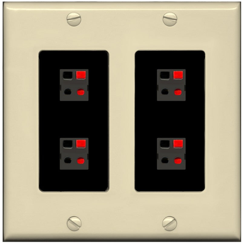 RiteAV 4 Port Speaker Wire Plug Jack Wall Plate - 2 Gang [Ivory/Black]