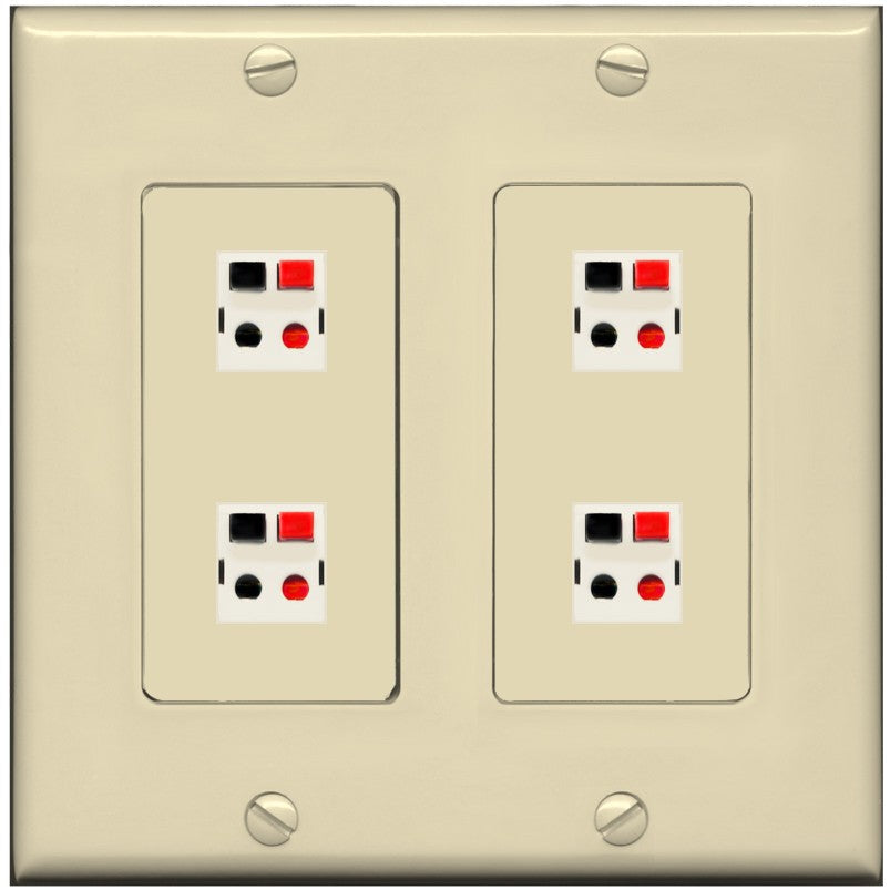 RiteAV 4 Port Speaker Wire Plug Jack Wall Plate - 2 Gang [Ivory/Ivory]