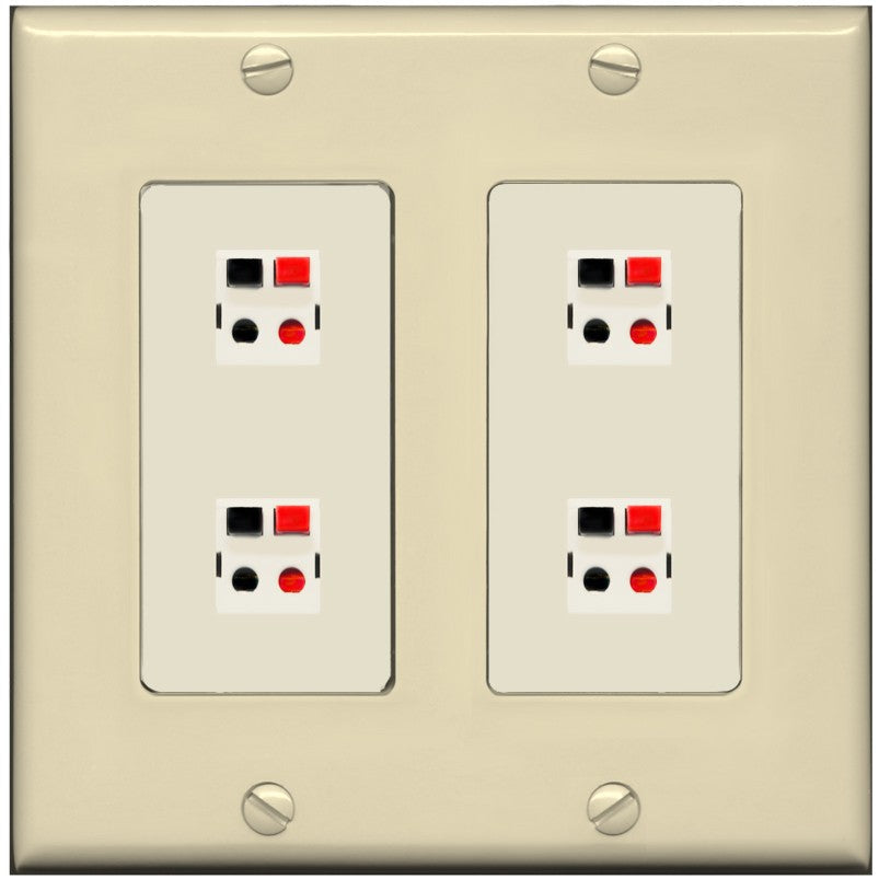 RiteAV 4 Port Speaker Wire Plug Jack Wall Plate - 2 Gang [Ivory/Light-Almond]