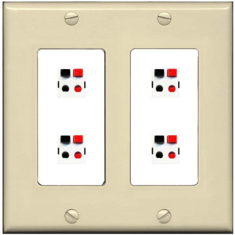 RiteAV 4 Port Speaker Wire Plug Jack Wall Plate - 2 Gang [Ivory/White]