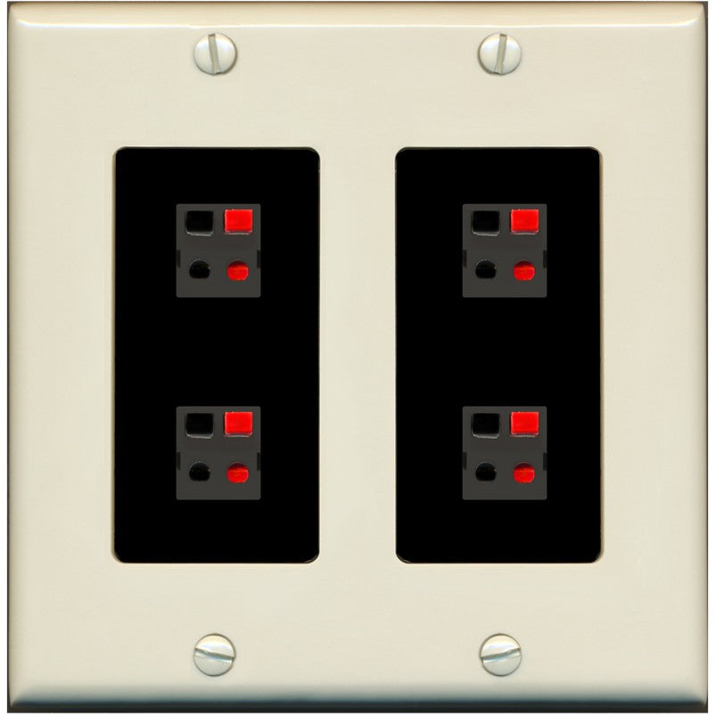 RiteAV 4 Port Speaker Wire Plug Jack Wall Plate - 2 Gang [Light-Almond/Black]