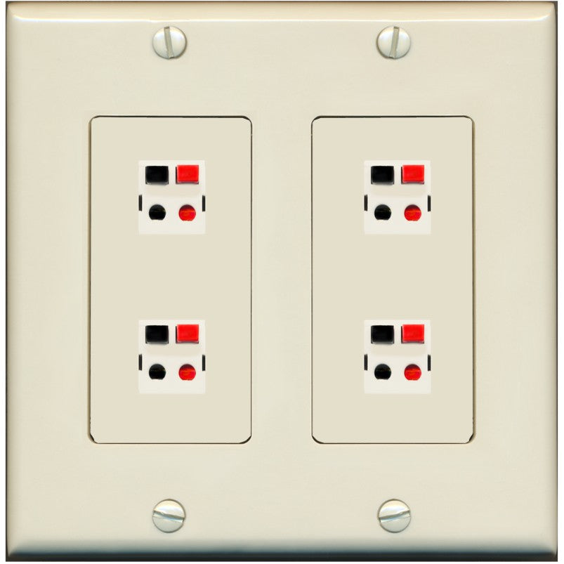 RiteAV 4 Port Speaker Wire Plug Jack Wall Plate - 2 Gang [Light-Almond]