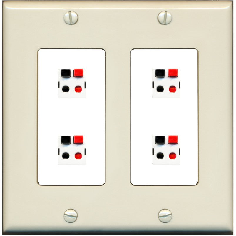 RiteAV 4 Port Speaker Wire Plug Jack Wall Plate - 2 Gang [Light-Almond/White]