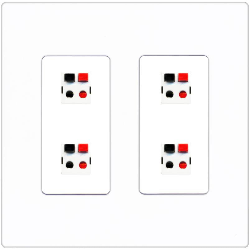 RiteAV 4 Port Speaker Wire Plug Jack Wall Plate - 2 Gang [Screwless White]