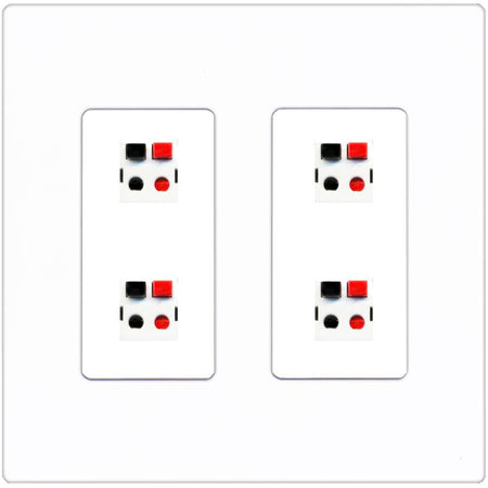 RiteAV 4 Port Speaker Wire Plug Jack Wall Plate - 2 Gang [Screwless White]