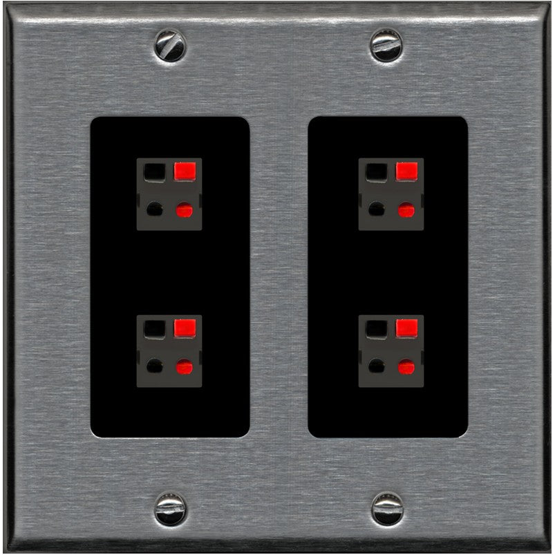 RiteAV 4 Port Speaker Wire Plug Jack Wall Plate - 2 Gang [Stainless/Black]