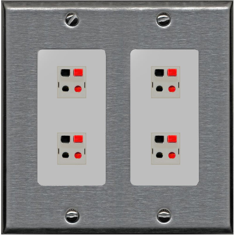 RiteAV 4 Port Speaker Wire Plug Jack Wall Plate - 2 Gang [Stainless/Gray]