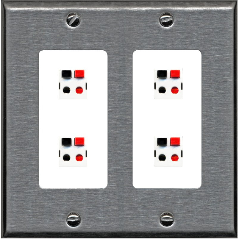 RiteAV 4 Port Speaker Wire Plug Jack Wall Plate - 2 Gang [Stainless/White]