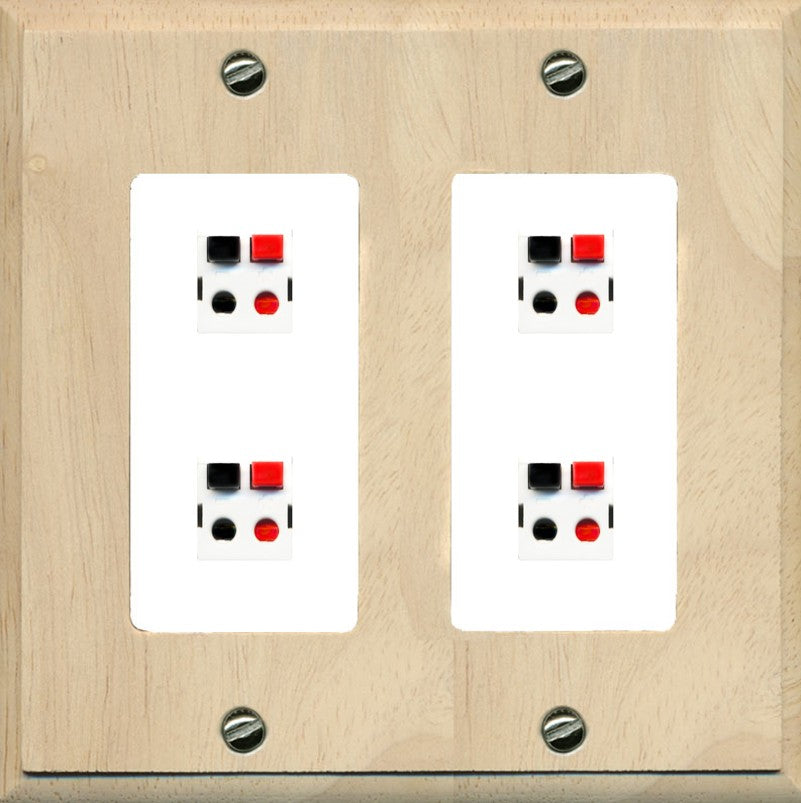RiteAV 4 Port Speaker Wire Plug Jack Wall Plate - 2 Gang [Wood/White]