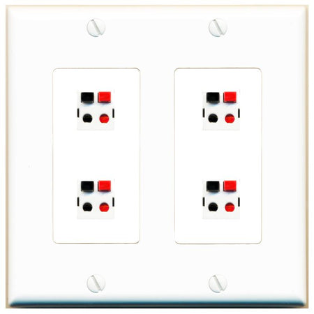RiteAV 4 Port Speaker Wire Plug Jack Wall Plate - 2 Gang [White]
