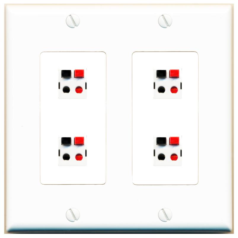 RiteAV 4 Port Speaker Wire Plug Jack Wall Plate - 2 Gang [White]