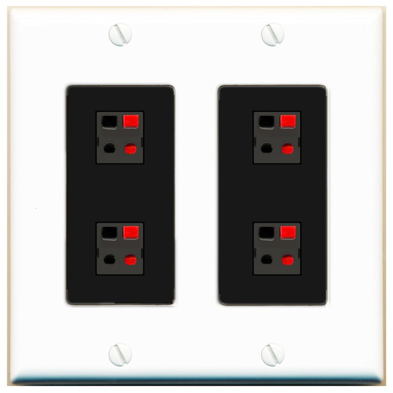 RiteAV 4 Port Speaker Wire Plug Jack Wall Plate - 2 Gang [White/Black]