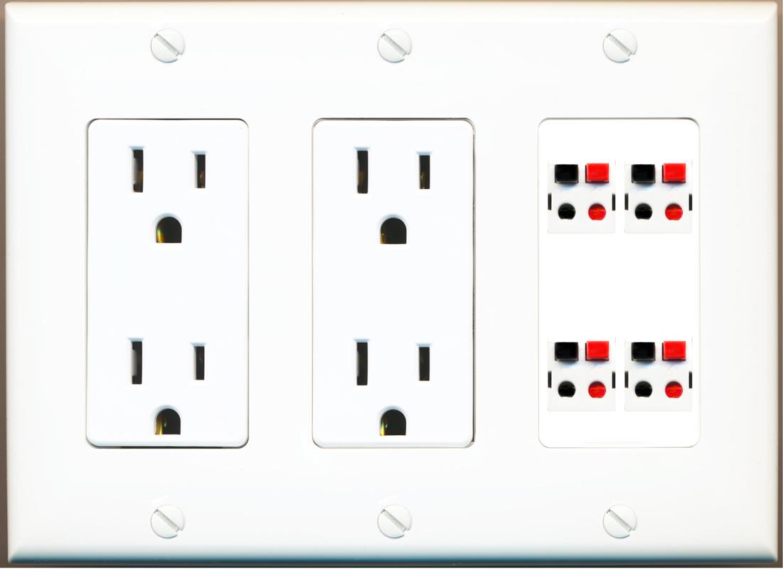 RiteAV 4 Port Speaker Wire Plug Jack Wall Plate - 2 Outlet [White]