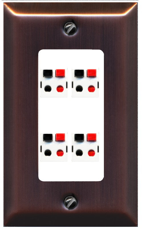 RiteAV 4 Port Speaker Wire Plug Jack Wall Plate - 1 Gang Decorative [Brushed-Copper/White]