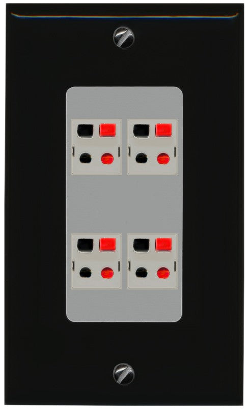 RiteAV 4 Port Speaker Wire Plug Jack Wall Plate - 1 Gang Decorative [Black/Gray]