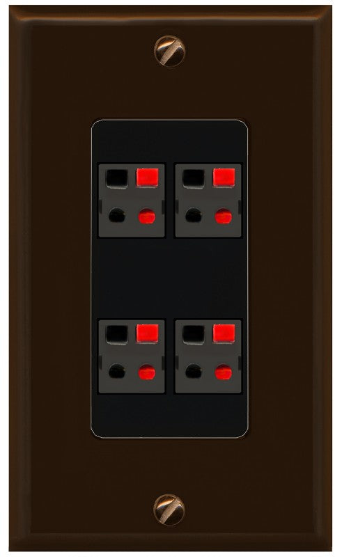 RiteAV 4 Port Speaker Wire Plug Jack Wall Plate - 1 Gang Decorative [Brown/Black]