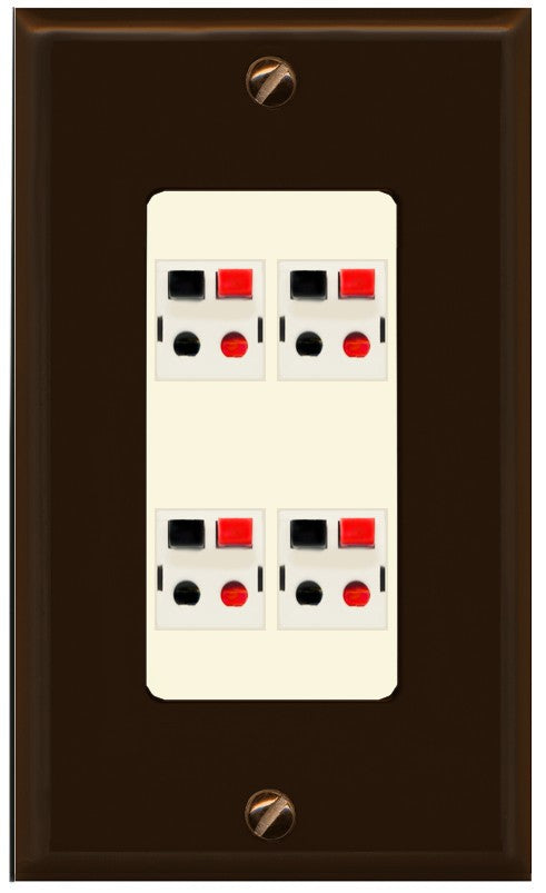 RiteAV 4 Port Speaker Wire Plug Jack Wall Plate - 1 Gang Decorative [Brown/Light-Almond]