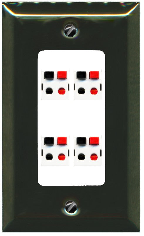 RiteAV 4 Port Speaker Wire Plug Jack Wall Plate - 1 Gang Decorative [Brass/White]