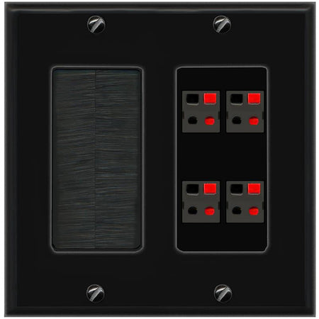 RiteAV 4 Port Speaker Wire Plug Jack Wall Plate - Brush [Black/Black]