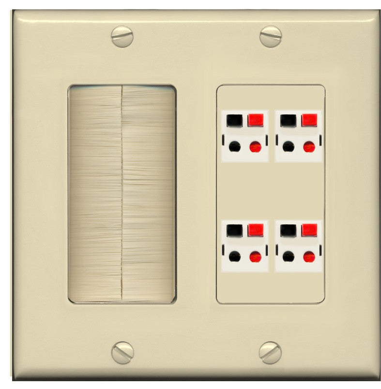 RiteAV 4 Port Speaker Wire Plug Jack Wall Plate - Brush [Ivory/Ivory]