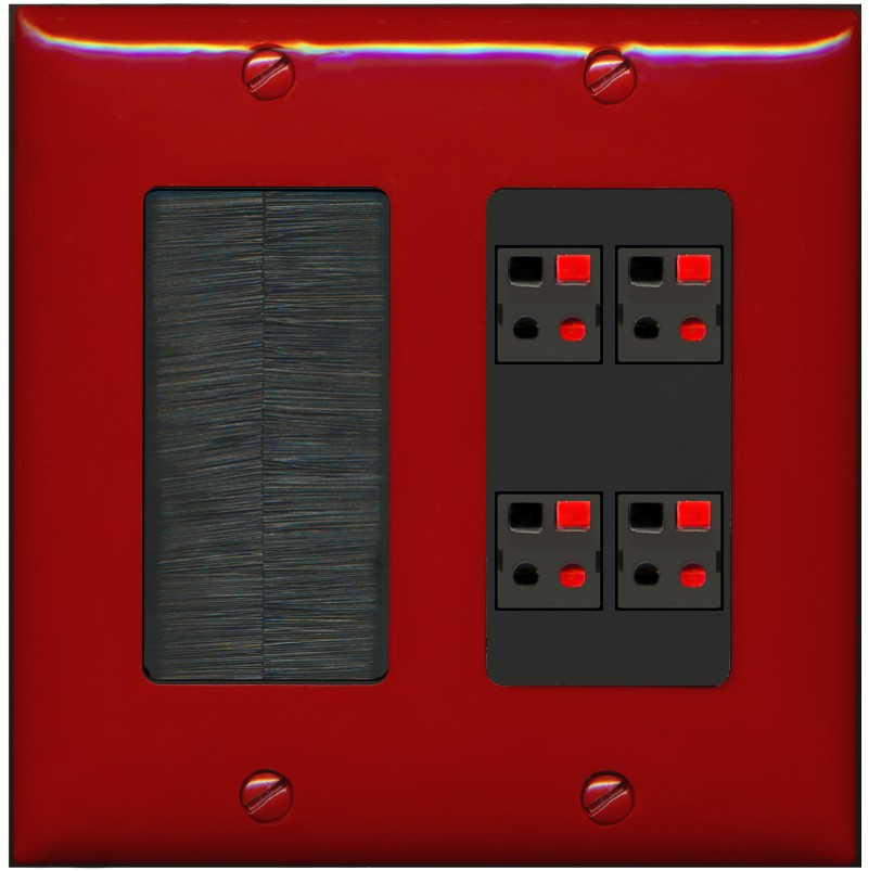 RiteAV 4 Port Speaker Wire Plug Jack Wall Plate - Brush [Red/Black]