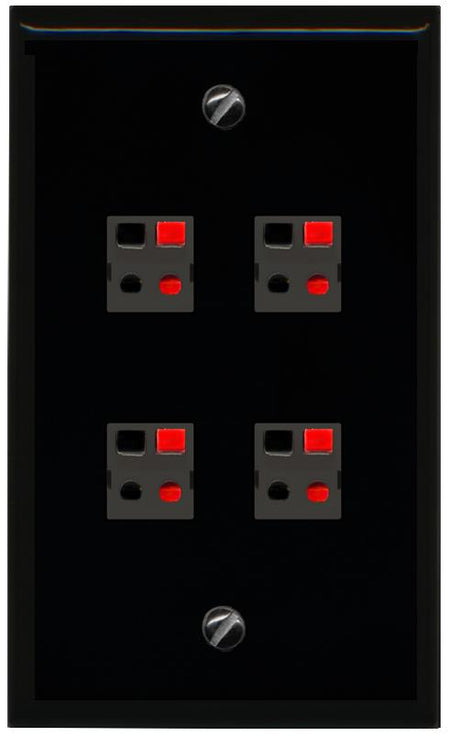 RiteAV 4 Port Speaker Wire Plug Jack Wall Plate - Flat [Black/Black]