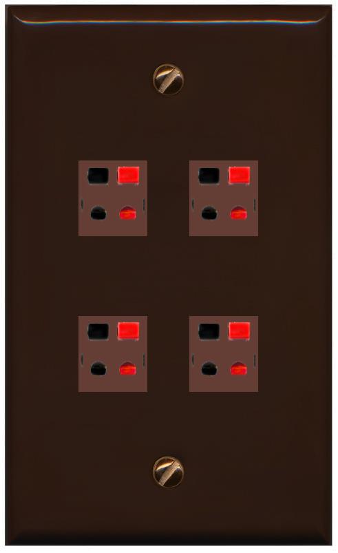 RiteAV 4 Port Speaker Wire Plug Jack Wall Plate - Flat [Brown/Brown]