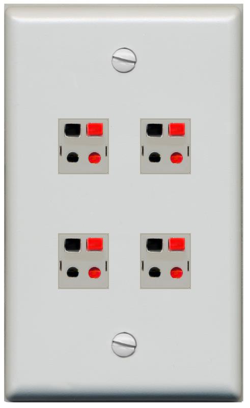 RiteAV 4 Port Speaker Wire Plug Jack Wall Plate - Flat [Gray/Gray]