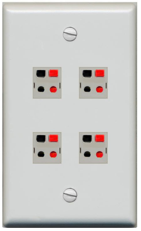 RiteAV 4 Port Speaker Wire Plug Jack Wall Plate - Flat [Gray/Gray]