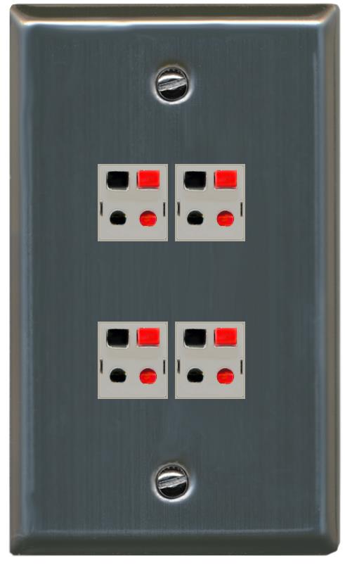 RiteAV 4 Port Speaker Wire Plug Jack Wall Plate - Flat [Stainless Steel]
