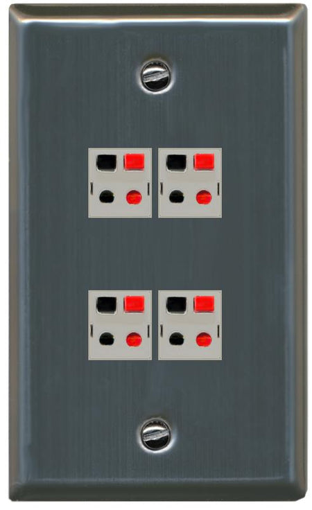 RiteAV 4 Port Speaker Wire Plug Jack Wall Plate - Flat [Stainless Steel]